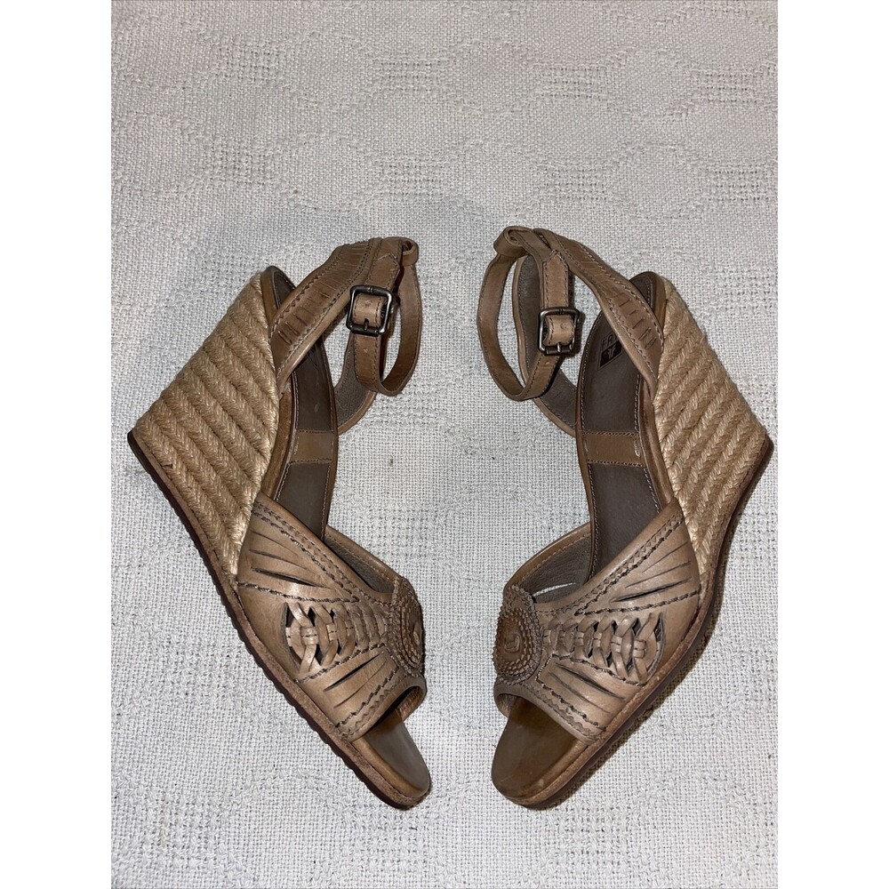 Frye Wedge Espadrilles Women’s Size 7.5 B Tan Leather 3.5 Inch Heels Ankle Strap